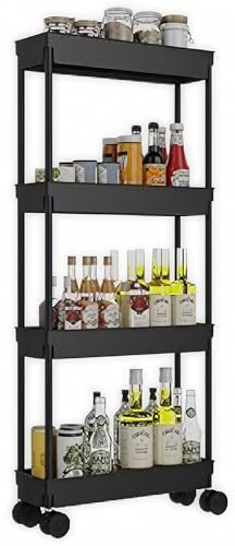 Sooyee 4 Tier Slim Storage Cart, Black | Rolling, Narrow Shelf, Mobile Shelving Unit Organizer, For Kitchen, Bathroom, Laundry Room