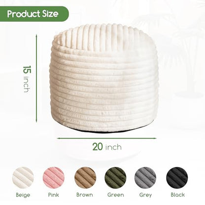 HIGOGOGO Round Stuffed Pouf Ottoman, Stripe Faux Fur Poufs with Foam Chunk Filling, Furry and Fluffy Pouf Foot Stool Storage Ottoman, 20 X 15 Floor Poufs Foot Rest for Living Room, Beige