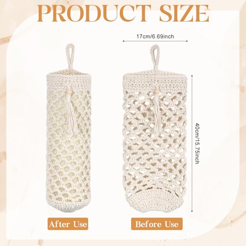 Plastic Bag Holder, Macrame Grocery Bag Storage Reusable Hanging Shopping Trash Bags Dispenser Boho Decor for Kitchen Closet Pantry Laundry Room, with 1 Traceless Hook