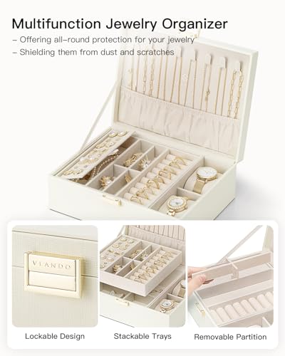 VLANDO Jewelry Organizer,2 Layer Jewelry Box Large Jewelry Organizer for Mothers Day Mom Gifts Women Removable Jewelery Tray with Watch Pillow for Necklace Earrings Rings Bracelets(Cream White)