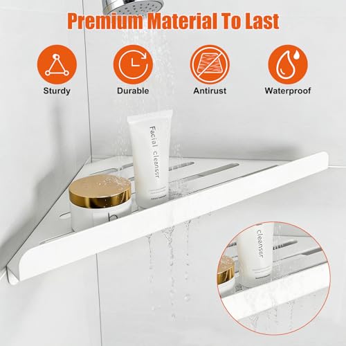 Fikoksol Shower Caddy Storage, Triangle Corner Shelf with Adhesive Glue | Metal Bathroom Shelf Storage, Adhesive or Screw Wall Mounted Corner Shower Rack, White Rustproof Bath Organizer Accessory