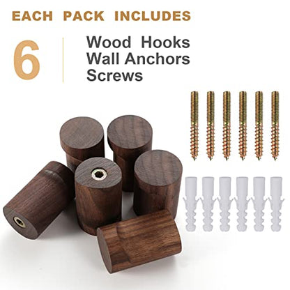 Wood Wall Hooks 6 Pack, Natural Wooden Coat Hooks Wall Mounted, Handmade Rustic Hat Hooks Heavy Duty Entryway Wall Hangers for Hanging Towels, Clothes, Bags (Black Walnut Wood)