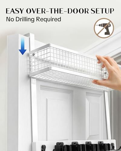 Lorbro Over the Door Broom and Mop Holder with Basket, 4 Grips and 4 Hooks | No-Drill Door Mount, Cleaning Supply Organizer, Wood and Metal Build, Secure Grip Slots, Laundry Garage Closet Use