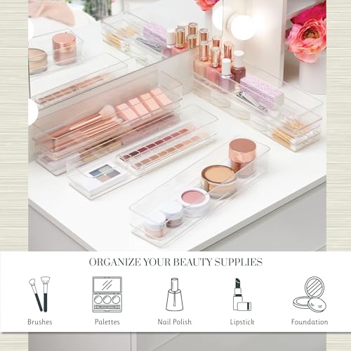 STORi SimpleSort 6-Piece Stackable Clear Drawer Organizer Set | 12" x 3" x 2" Rectangle Trays | Narrow Makeup Vanity Storage Bins and Office Desk Drawer Dividers | Made in USA