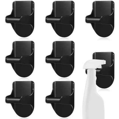 8 Pcs Wall Mount Spray Bottle Hooks Holder Spray Bottle Hanger Adhesive Hook to Create Storage Space Rack Organizer Hanger for Cabinet Kitchen Variety Surfaces (Black)