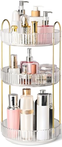 360° Rotating Makeup Organizer for Vanity, 3 Tier Perfume Organizers, Clear | Large Capacity Spinning Bathroom Countertop Organizer for Skincare Cosmetic Perfume Lipstick Nail Polish Storage