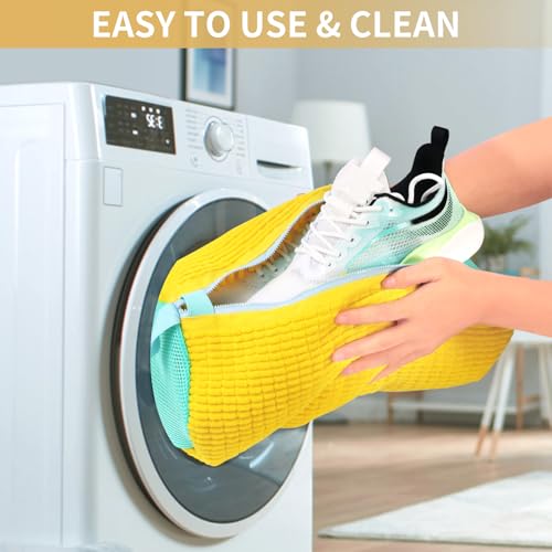 2 Pack Shoe Washing Machine Bag, Laundry Shoe Bag for Washer and Dryer, Reusable Shoe Cleaning Bag for Sneakers and All Shoes Types with Self-Locking Zipper (Yellow)