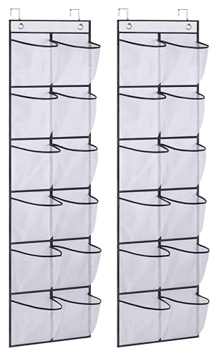MISSLO Over The Door Shoe Organizer 12 Large Mesh Pockets Hanging Narrow Closet Door, White, 2 Pack