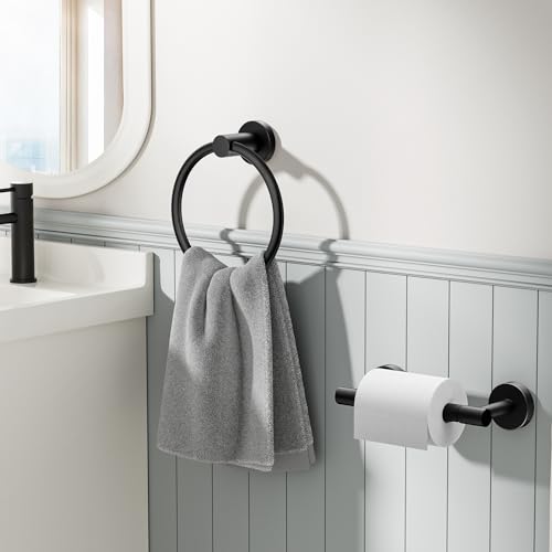 FORIOUS Toilet Paper Holder and Towel Ring Set, Bathroom Accessories Set | Matte Black | Double Post Pivoting Toilet Paper Holder Wall Mounted and Hand Towel Ring | SUS304 Stainless Steel | Round