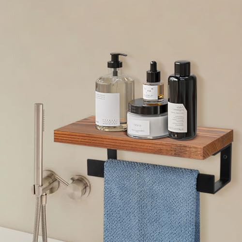 Hand Towel Holder/Towel Ring with Wooden Shelf, Hand Towel Rack, Hand Towel Hanger for Bathroom, Bath Accessories Wall Mounted, (Matte Black, 9"-Squ Shaped)