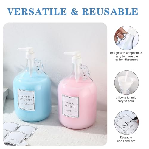2pcs Glass Liquid Laundry Detergent Dispenser-1 Gallon Glass Pump Bottle Dispensers-Laundry Detergent Dispenser for Fabric Softener, Bleach, Shampoo, Body Wash- Laundry Soap Dispenser