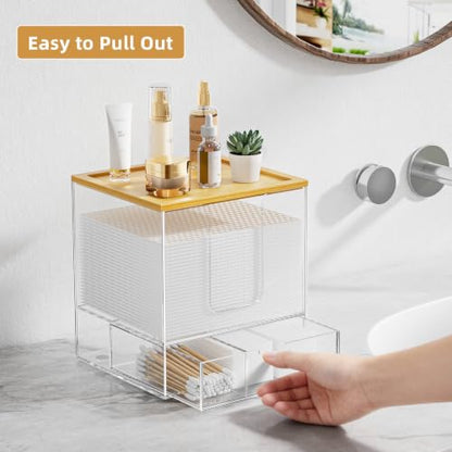 VITVITI Disposable Face Towel Holder for Clean Skin Club, Acrylic Bamboo Facial Towel Holder Box with Drawer, 50 XL Face Towels Container for Bathroom Vanity Makeup, Clear