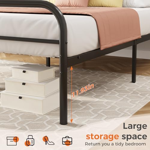 DUMOS Full Size Bed Frame Heavy Duty Metal Platform with 11.9" Under-Bed Storage, Heavy Duty Steel Slat Support with Iron-Art Headboard, No Box Spring Needed, Noise-Free, Modern Black
