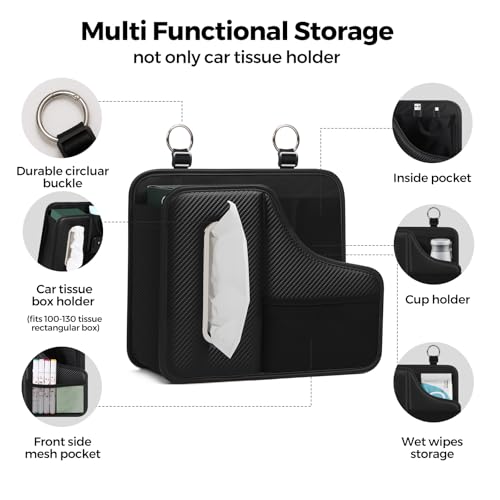 Car Tissue Holder,Back Seat Organizer with Cup Holder,Multifunctional Car Headrest Seat Back Storage,Snack Organizers for Kids,Large Tissue Box Cover Fit for 100-130 Regular Size Tissues
