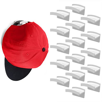 Adhesive Hat Hooks for Wall (16-Pack) - Minimalist Hat Rack Design, No Drilling, Strong Hold Hat Hangers - USA Patented, White