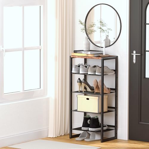 CHEMPFR Narrow 5-Tier Shoe Rack, Slim Space-Saving Shelf with Decorative Wood Top & Steel Mesh, Entryway/Closet/Dorm Organizer, 16.5x11.8x36 Inches