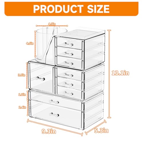SuoXing 3 Pack Clear Acrylic Makeup Organizer for Vanity With 9 Drawer, Skincare Organizers Countertop With Make up Brush Holder,Bathroom Make up Drawer Storage for Beauty,Hair Accessories Organizer | Cute