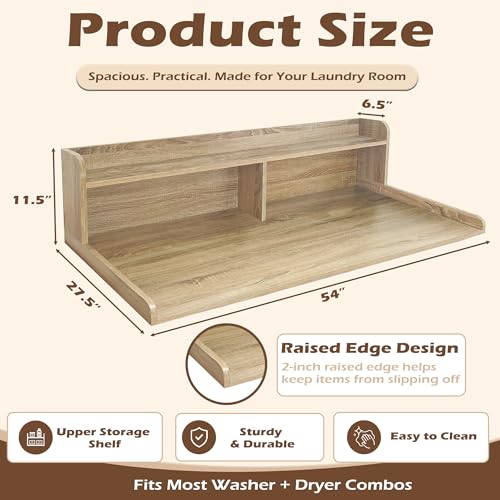 Royxen Laundry Countertop with 2-Tier Shelf Universal Fit, Washer and Dryer Countertop with Storage Space, Shelf Height 11.5 Inches, Solid Wood Core, White Oak