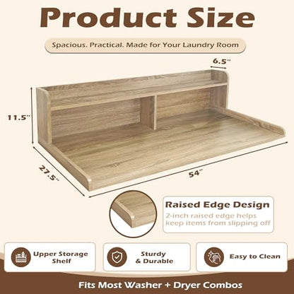 Royxen Laundry Countertop with 2-Tier Shelf Universal Fit, Washer and Dryer Countertop with Storage Space, Shelf Height 11.5 Inches, Solid Wood Core, White Oak