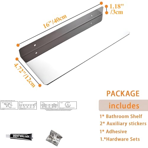 16Inch Stainless Steel Wall Mounted Floating Shelf Drilling or Shelf Adhesive Modern Room Decor Wall Shelf Floating Shelf for Bathroom Bedroom Decor