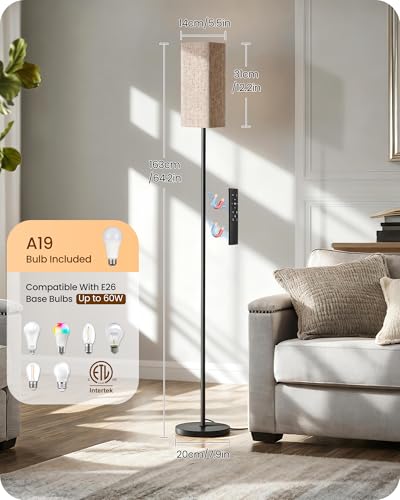 64.2” Dimmable Floor Lamp for Living Room with Remote and Foot Switch, Corner Floor Lamp for Bedroom, Includes 10W A19 Bulb, Modern Standing Tall Lamp, ETL Listed Beige and Black E17LD05
