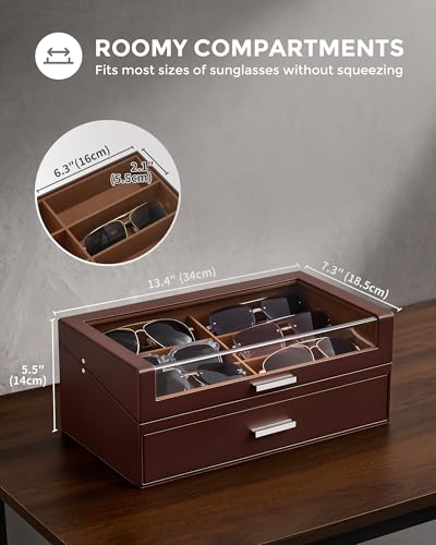 ProCase 12 Slots Sunglasses Box with L-Shaped Clear Lid -Espresso | Multiple Pairs Glasses Display Organizer Eyewear Eyeglass Eye Glass Storage Holder with Drawer for Men Women