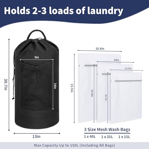 150L Laundry Bag Backpack with 3 Sizes Mesh Wash Bags and Shoulder Straps | Foldable Clothes Hamper Bag with Drawstring Closure for College, Apartment, Laundromat（Black）