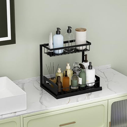 Under Kitchen Sink Organizer 2 Tier, Pull Out Bathroom Sink Organizers and Storage, Cabinet Kitchen Bathroom Storage Organization Shelf, 1 Pack Black