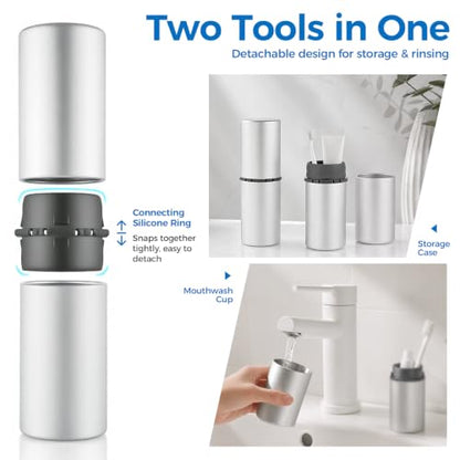 Aluminum Toothbrush Travel Case, Travel Toothbrush and Toothpaste Holder, Portable Toothbrush Mouthwash Cup Holder with Cover for Traveling, Bathroom, Camping, Business Trip-1Pack Silver