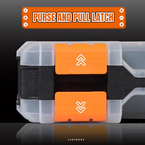 Jack Boss Tool Box with Transparent Lid, Double Side 34-Compartments Organizer Box with Removable Dividers for Hardware, Screws, Bolts, Nails, Beads, Jewelry and Fishing Accessories, Orange, 2 Pack