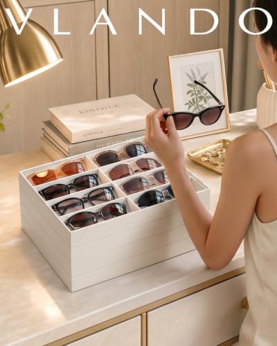 VLANDO Sunglasses Organizer,Stackable Jewelry Tray for Glasses,Beige | Removable Dividers, Soft Velvet Lining, Drawer Organizer for Glasses, Watches, Vanity Display, Gift for Women Girl