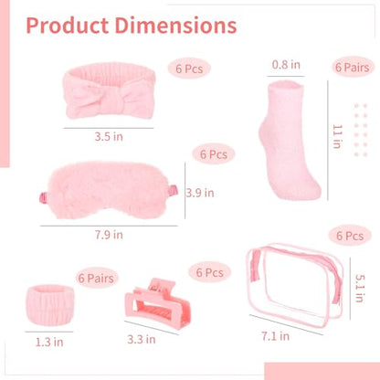 Homaisson 6 Sets Sleepover Party Supplies, Spa Set with Plush Sleep Eye Mask, Headband, Hair Clip, Socks, Bag for Girls Women Slumber Spa Birthday Pajama Gifts, Pink