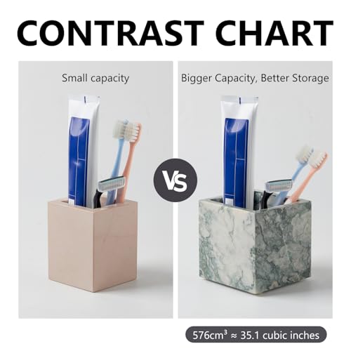 Real Luxurious Natural Marble Toothbrush Holder & Makeup Brush Organizer | Pen Holder for Desk,3.93inch Square Marble Utensil Holder Non-Ceramic/Non-Resin （Cyan Green）