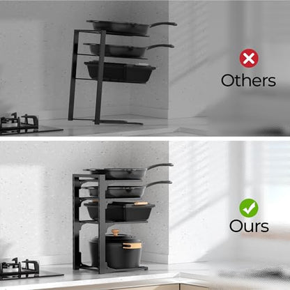MUDEELA Pot and Pan Organizer Under Cabinet 15.75", 4-Tier Pot Rack, 1 Pack | Adjustable Tier, Tool-Free Assembly, Max 88 Lbs, Fits Cast Iron Pans, Skillets & Heavy Shallow Cookware, For Kitchen Cabinets