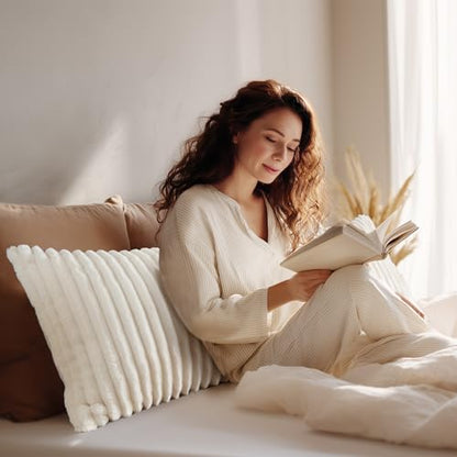BEDELITE Fluffy Striped Body Pillow Cover with Zipper, Cream White, 20x54