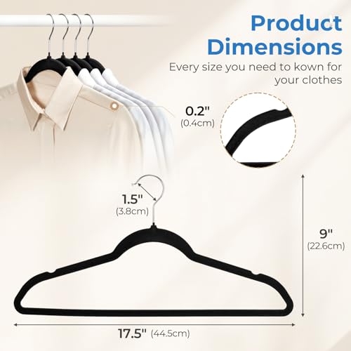 Black Velvet Hangers 50 Pack, Non Slip Space-Saving Clothes Hangers | Premium Slim Felt Hanger for Closet Organizers and Storage, Heavy Duty Hanger with Shoulder Notches and 360° Hooks for Coats