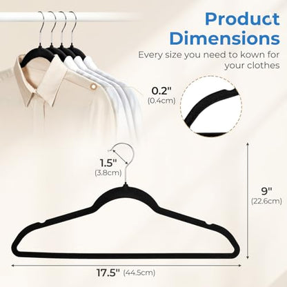 Black Velvet Hangers 50 Pack, Non Slip Space-Saving Clothes Hangers | Premium Slim Felt Hanger for Closet Organizers and Storage, Heavy Duty Hanger with Shoulder Notches and 360° Hooks for Coats