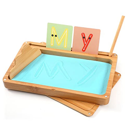 AtMini Montessori Sand Tray with Lid - Wooden Sand Trays for Kids Writing Letters and Numbers, Preschool Classroom Must Haves, Kindergarten Learning Tools (Blue)