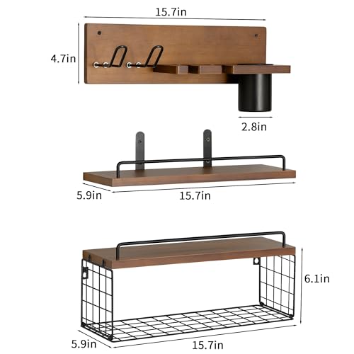 3-Tier Bathroom Floating Shelves with Curling Iron Holder & Hair Tool Organizer, Wall Mounted Rustic Wood Storage Rack Over Toilet with Hair Dryer Holder for Bathroom Decor & Organization