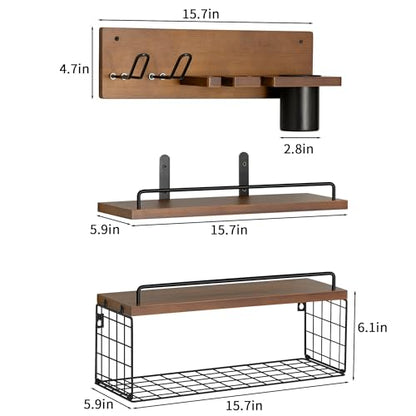 3-Tier Bathroom Floating Shelves with Curling Iron Holder & Hair Tool Organizer, Wall Mounted Rustic Wood Storage Rack Over Toilet with Hair Dryer Holder for Bathroom Decor & Organization