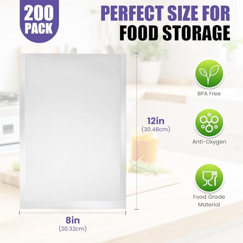 CAREGY Vacuum Sealer Bags 200 Quart | 8" x 12" with BPA Free for Food Storage Meal Prep or Sous Vide
