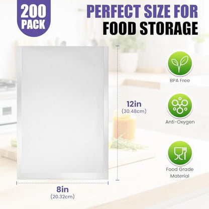 CAREGY Vacuum Sealer Bags 200 Quart | 8" x 12" with BPA Free for Food Storage Meal Prep or Sous Vide