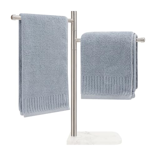 Standing Hand Towel Holder, Hand Towel Stand with Marble Base, 304 Stainless Steel Towel Rack with 2 Swivel Arm, Countertop Stand Towel Ring Towel Bar for Bathroom (Brushed Nickel)