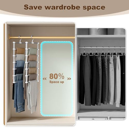 CTIME 2 Pack Stainless Steel Pants Hangers, Space Saving Closet Organizer | Non-Slip Grip, 360° Swivel Hook, 6 Tiers for Jeans, Scarves, Ties & Towels. Space Saver for Apartment or College Dorm