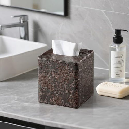 Square Tissue Box Cover, Stylish Leather Tissue Box Holder with Magnetic Bottom, Used As A Decorative Tissue Holder for Living Rooms, Bedrooms, and Desks (Brown Grape Pattern)