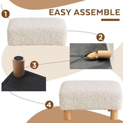 Small Foot Stool Ottoman, Sherpa Footstool Ottoman Foot Rest for Couch, Rectangle Footstools and Ottomans Small for Living Room, Entryway and Bedroom (White)