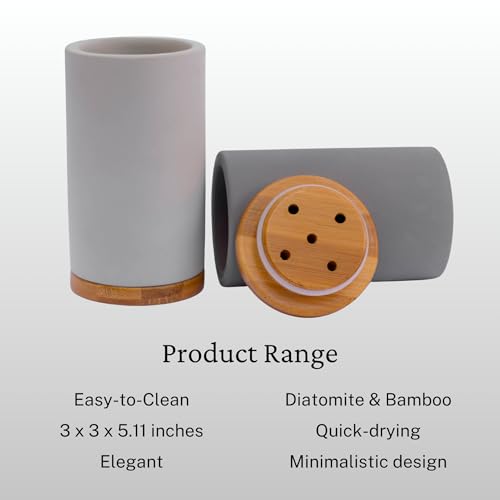 Bamboo Toothbrush Holder Diatomite Tooth Brush Organizer - Storage Stand for Small Bathroom & Counter - Removable Base & Drain Holes, Water-Absorbent & Quick-Drying (Black)