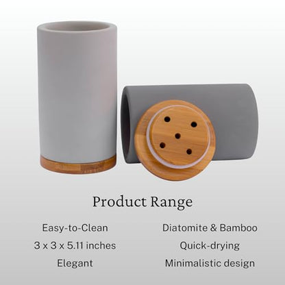 Bamboo Toothbrush Holder Diatomite Tooth Brush Organizer - Storage Stand for Small Bathroom & Counter - Removable Base & Drain Holes, Water-Absorbent & Quick-Drying (Black)