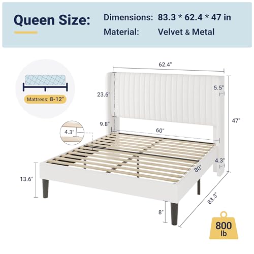 Allewie Queen Size Velvet Bed Frame/Vertical Channel Tufted Wingback Headboard/Upholstered Platform Bed/Strong Wooden Slats/No Box Spring Needed/Easy Assembly/White