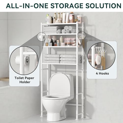 4-Tier Over The Toilet Storage Shelves, White | 200lb Total Capacity, Metal Bathroom Organizer with 36" Clearance, Includes Paper Holder & 4 Hooks, Suit for Small Space